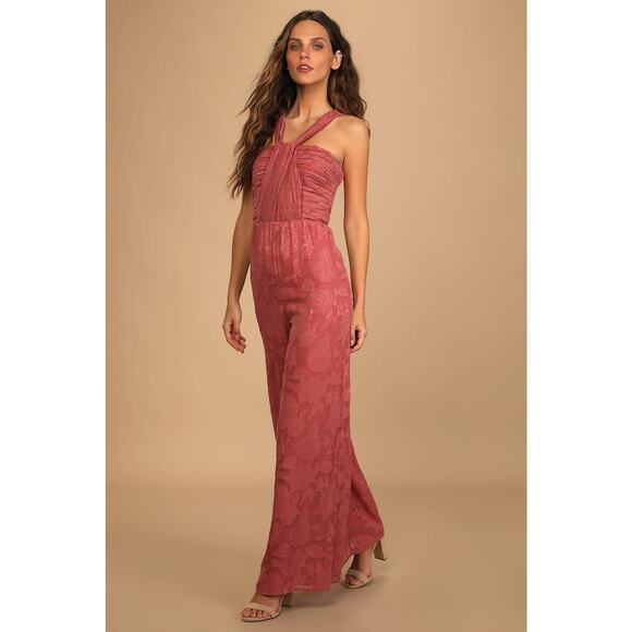 Lulu's Lovely Celebration Rose Pink Floral Burnout Chiffon Jumpsuit M NWT - Picture 1 of 8
